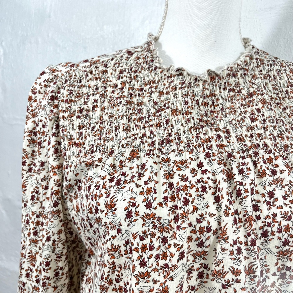 LUCKY BRAND SMOCKED NECK FLORAL PULLOVER TOP
